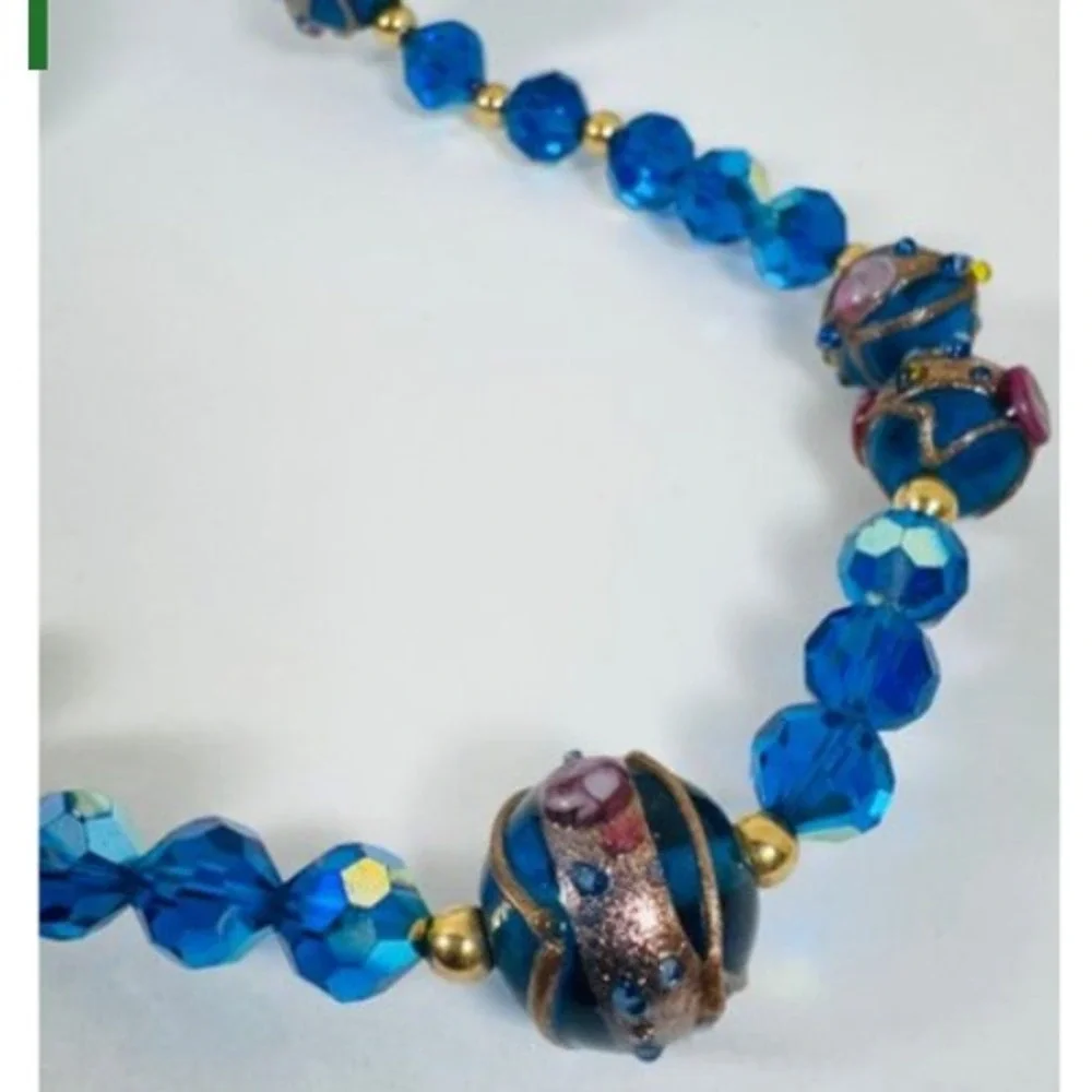 Vtg Venetian Wedding Cake Necklace Blue Pink Gold Glass 27